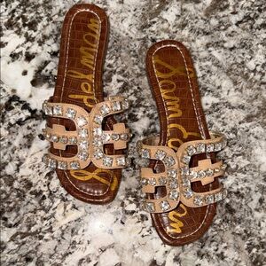 Sam Edelman Brown Croc-Embossed Slide Sandals with Crystal Straps